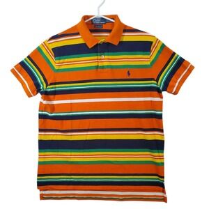 Polo Ralph Lauren Mens Large Custom Fit Striped Polo Shirt Orange Navy Green L